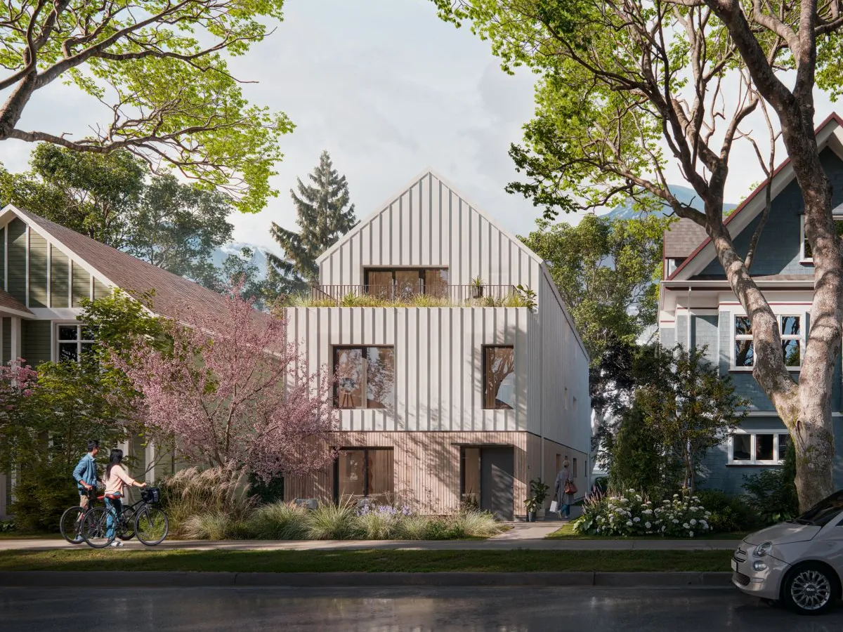 مبنى رباعي الوحدات من Stackabl Homes: تصوّر معماري في شارع تصطفّ على جانبيه الأشجار